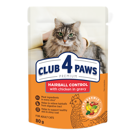 CLUB 4 PAWS PREMIUM "HAIRBALL CONTROL". СOMPLETE CANNED PET FOOD FOR ADULT CATS